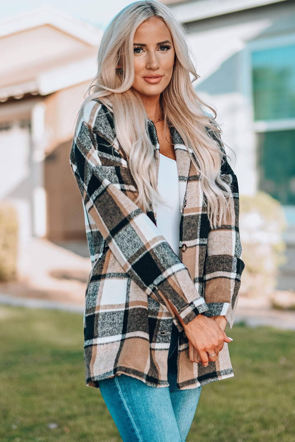 Rose Plaid Print Buttoned Shirt Jacket