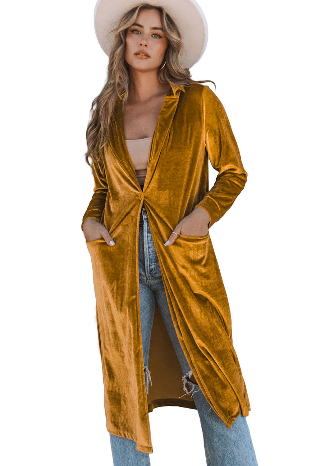 Yellow Retro Velvet Long Sleeve Pocket Coat