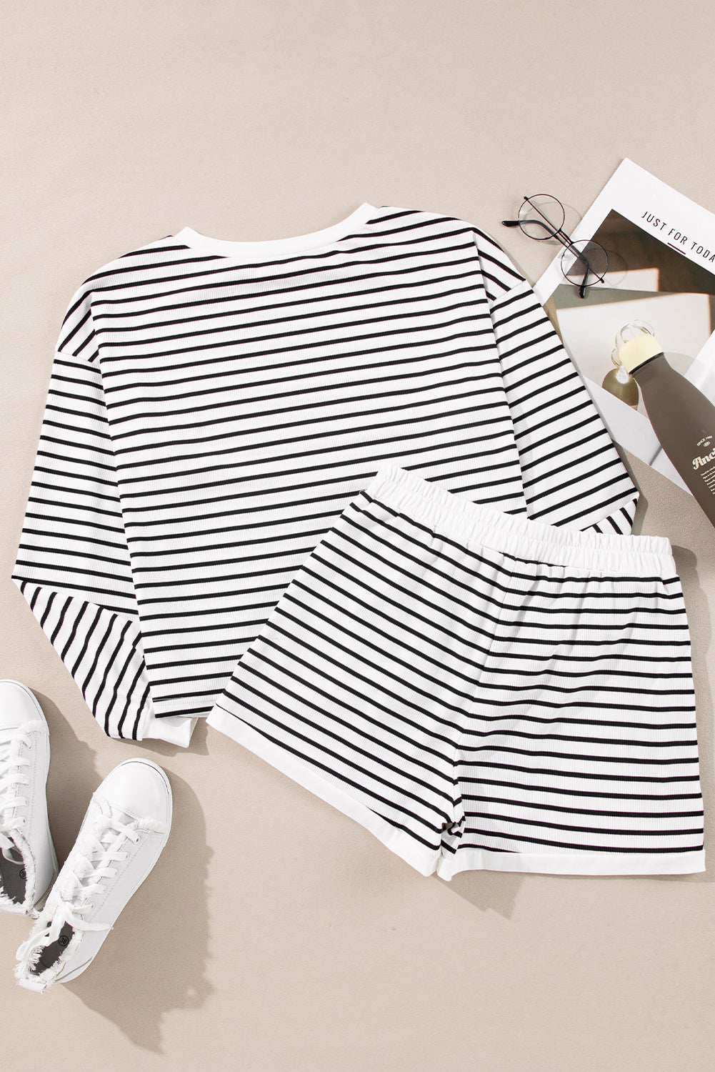 Black Stripe Textured 3/4 Sleeve Top and Shorts Set