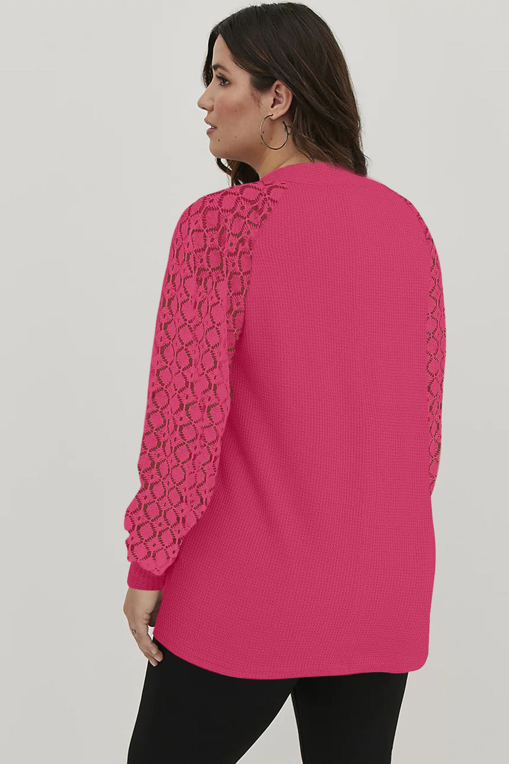 Strawberry Pink Plus Size Contrast Lace Sleeve Waffle Knit Top