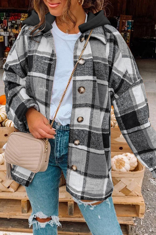 Gray Hooded Plaid Button Front Shacket