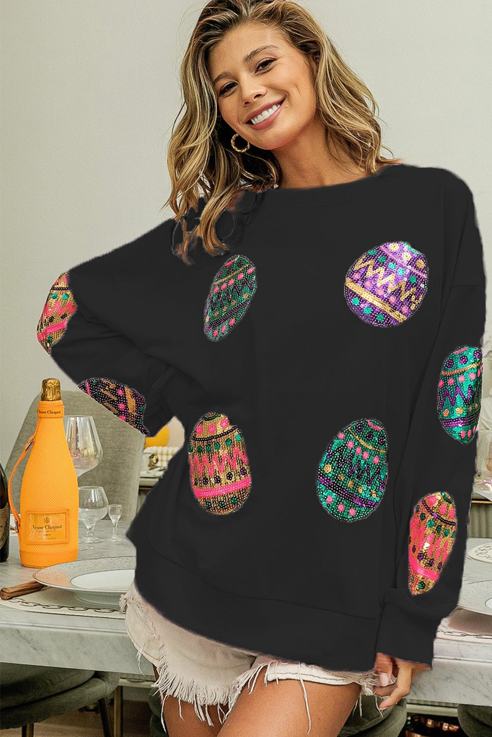 Pink Sequined Easter Egg Drop Shoulder Oversized Sweatshirt