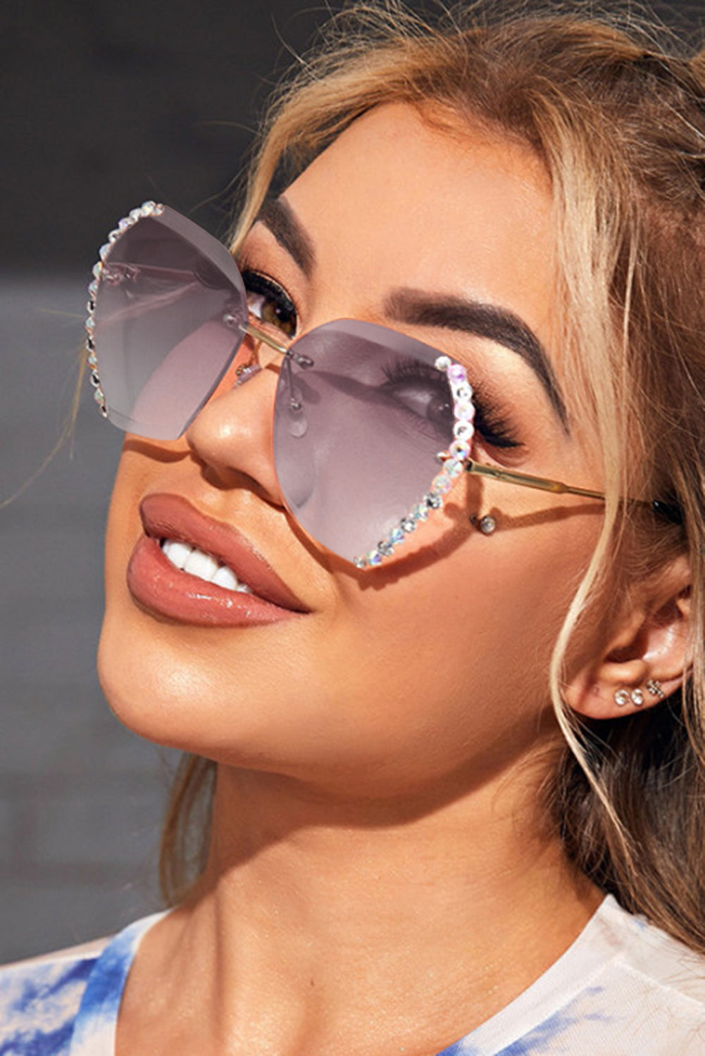 Brown Rhinestone Trim Rimless Sunglasses