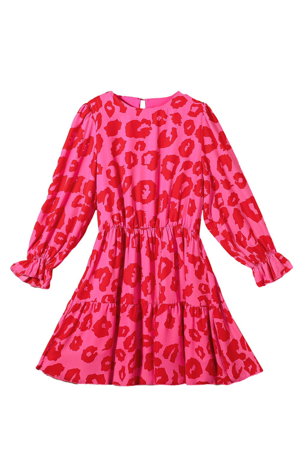 Rose Leopard Print Flounce Sleeve Ruffle Mini Dress