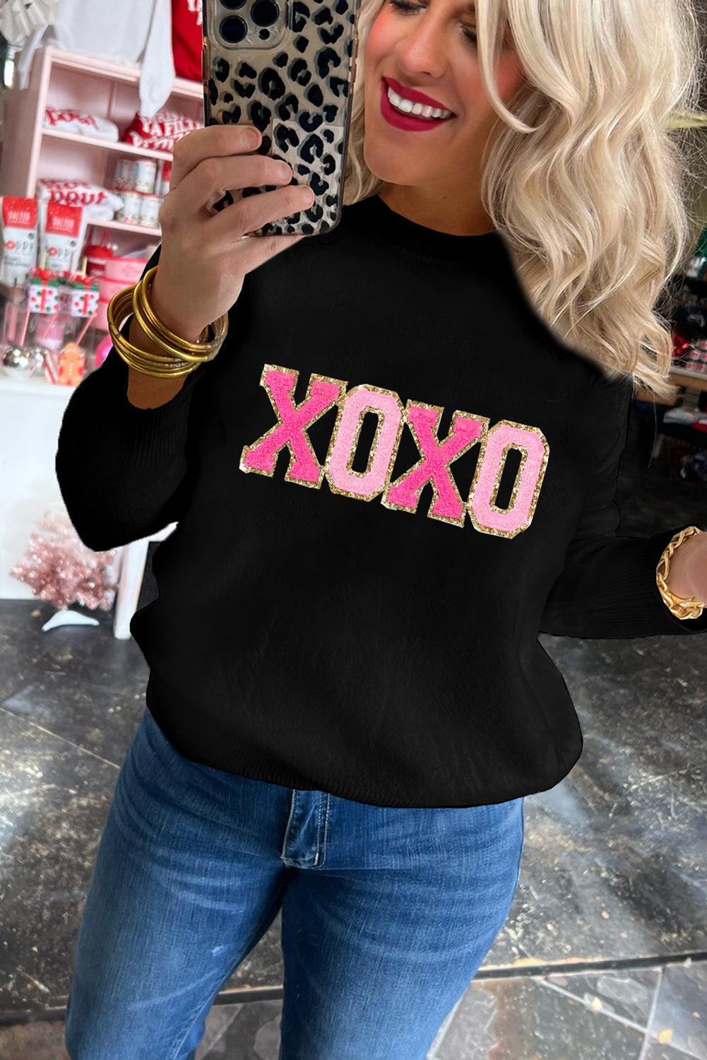 White XOXO Glitter Print Round Neck Casual Sweater