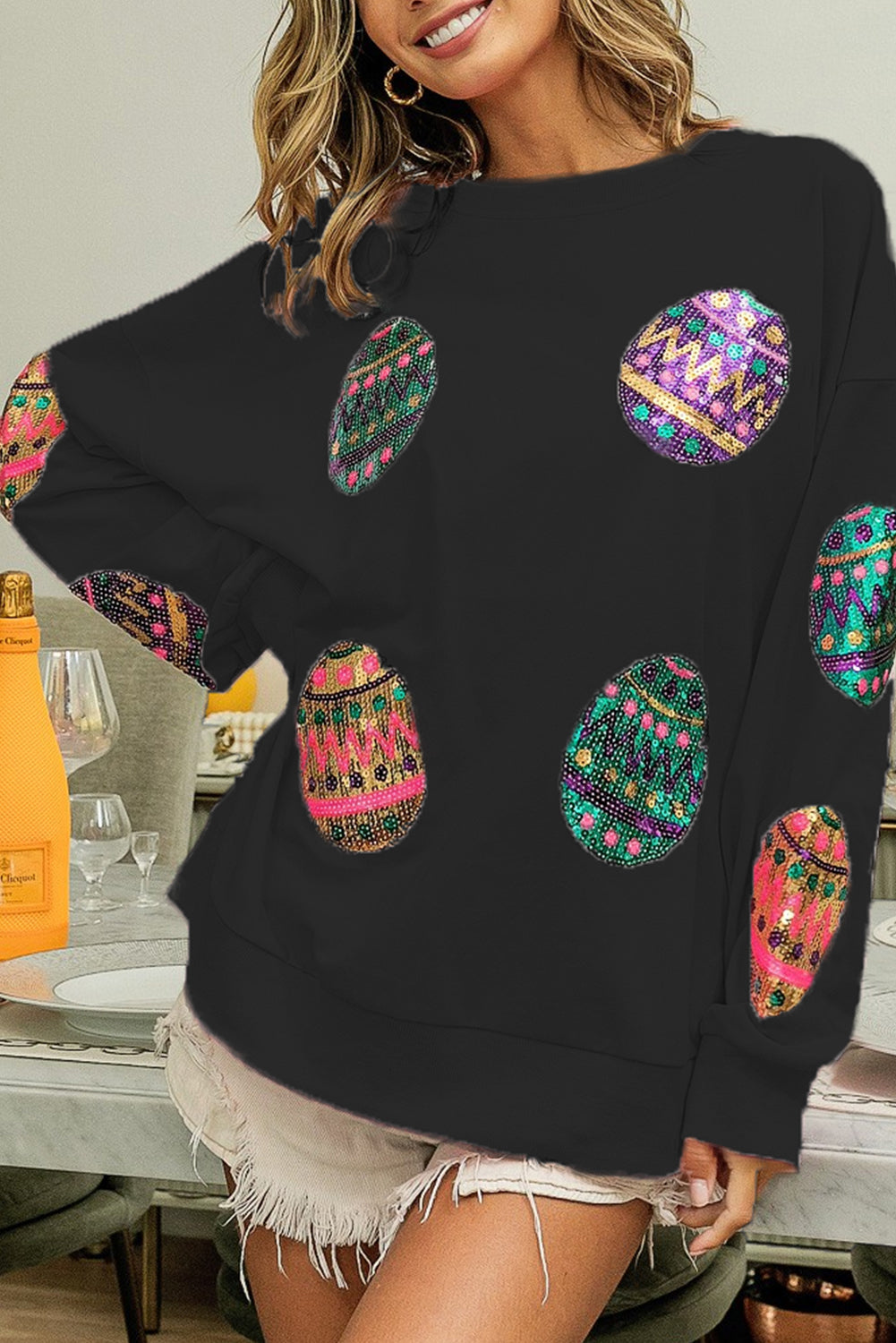 Pink Sequined Easter Egg Drop Shoulder Oversized Sweatshirt