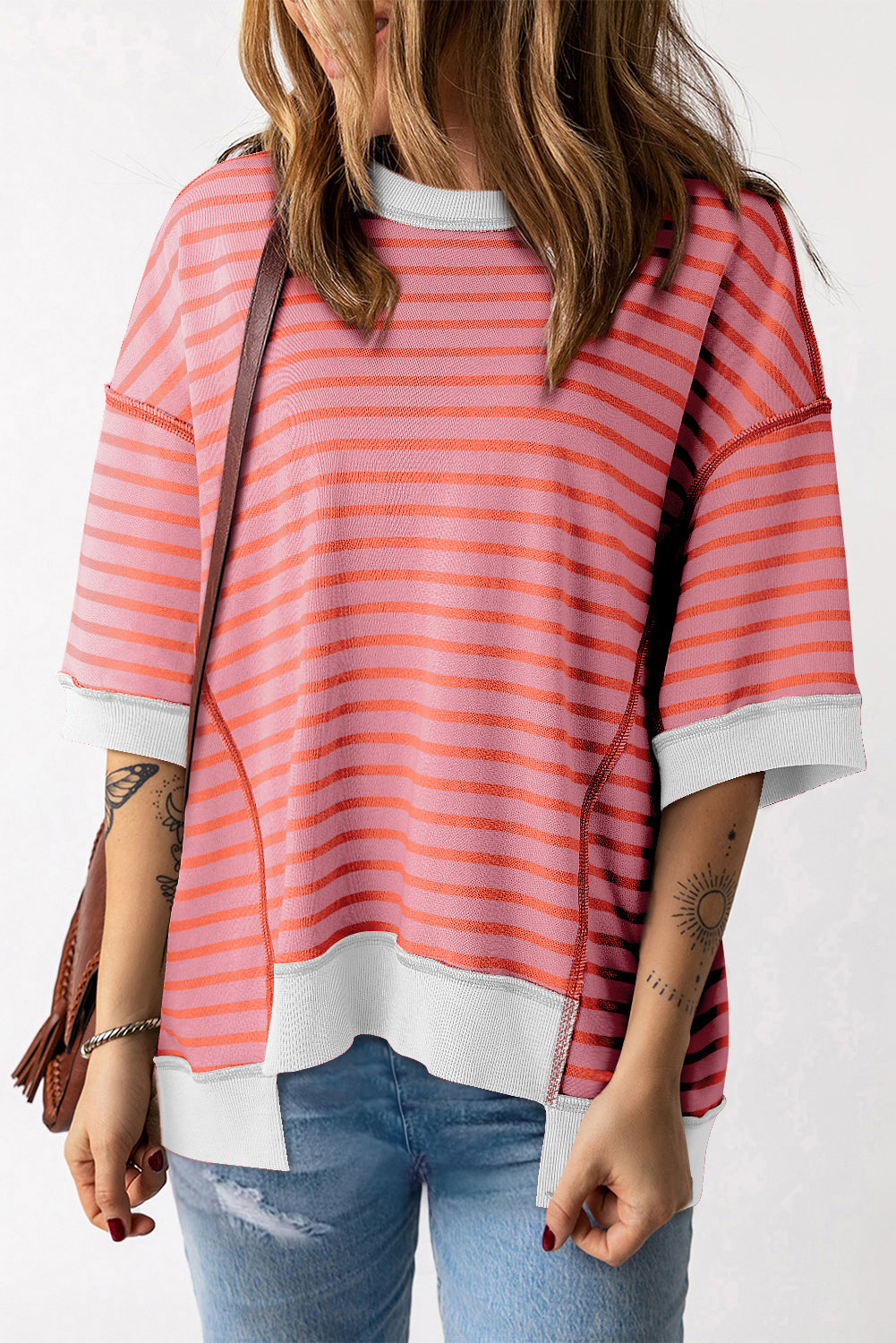 Sky Blue Stripe Oversized Contrast Trim Exposed Seam High Low T Shirt