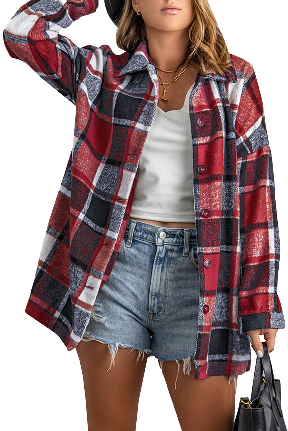 Rose Plaid Print Buttoned Shirt Jacket