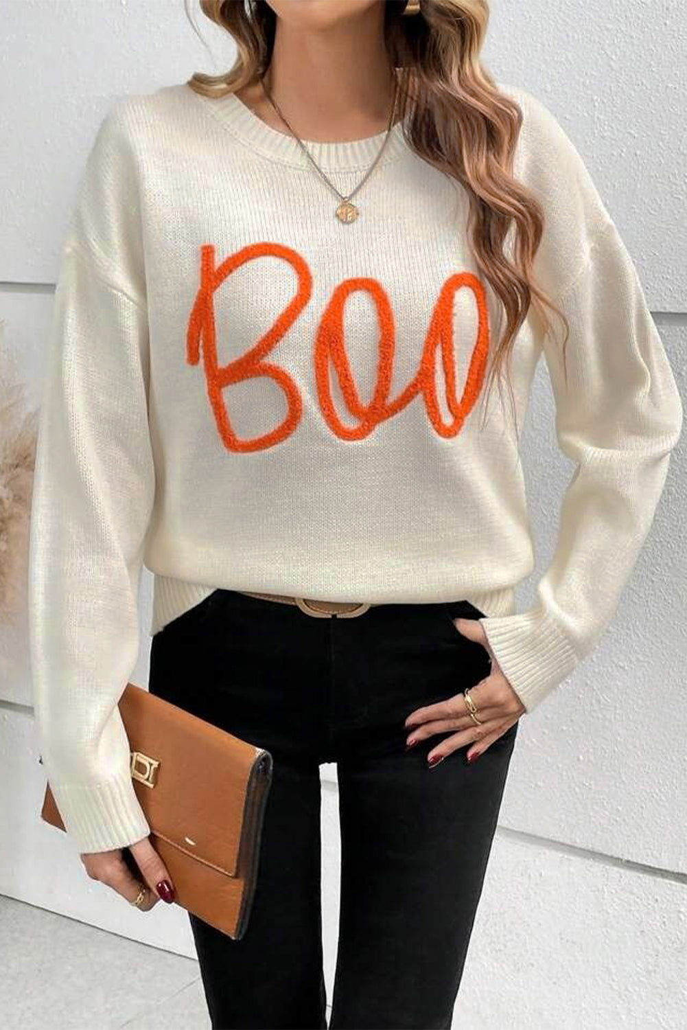 Black Boo Knitted Pattern Ribbed Edge Drop Shoulder Sweater