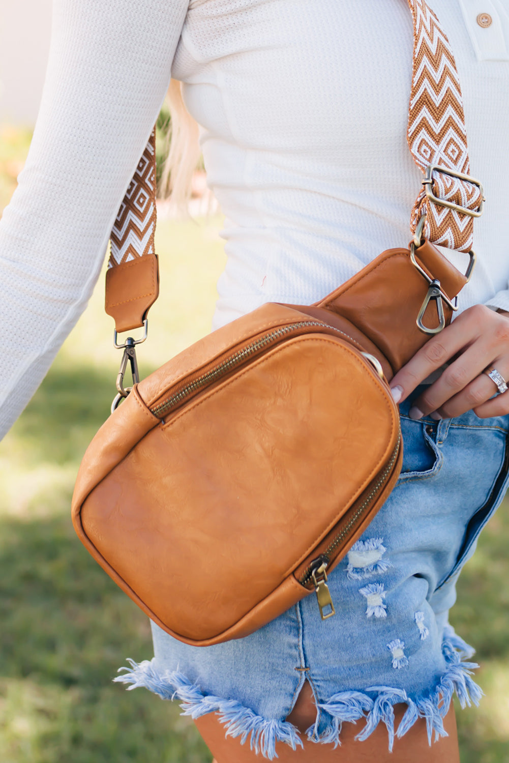 Gray Faux Leather Zipped Crossbody Chest Bag