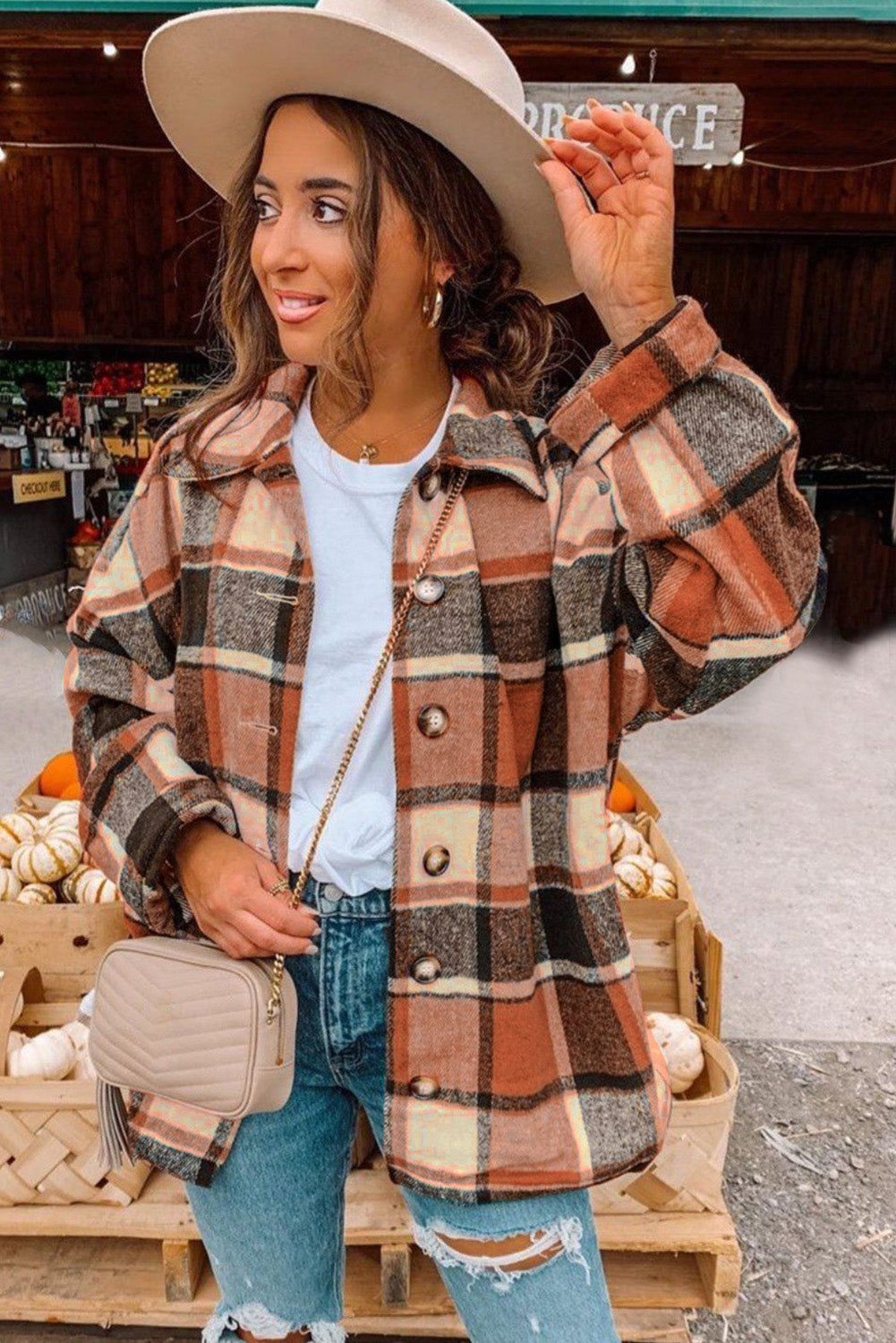 Rose Plaid Print Buttoned Shirt Jacket