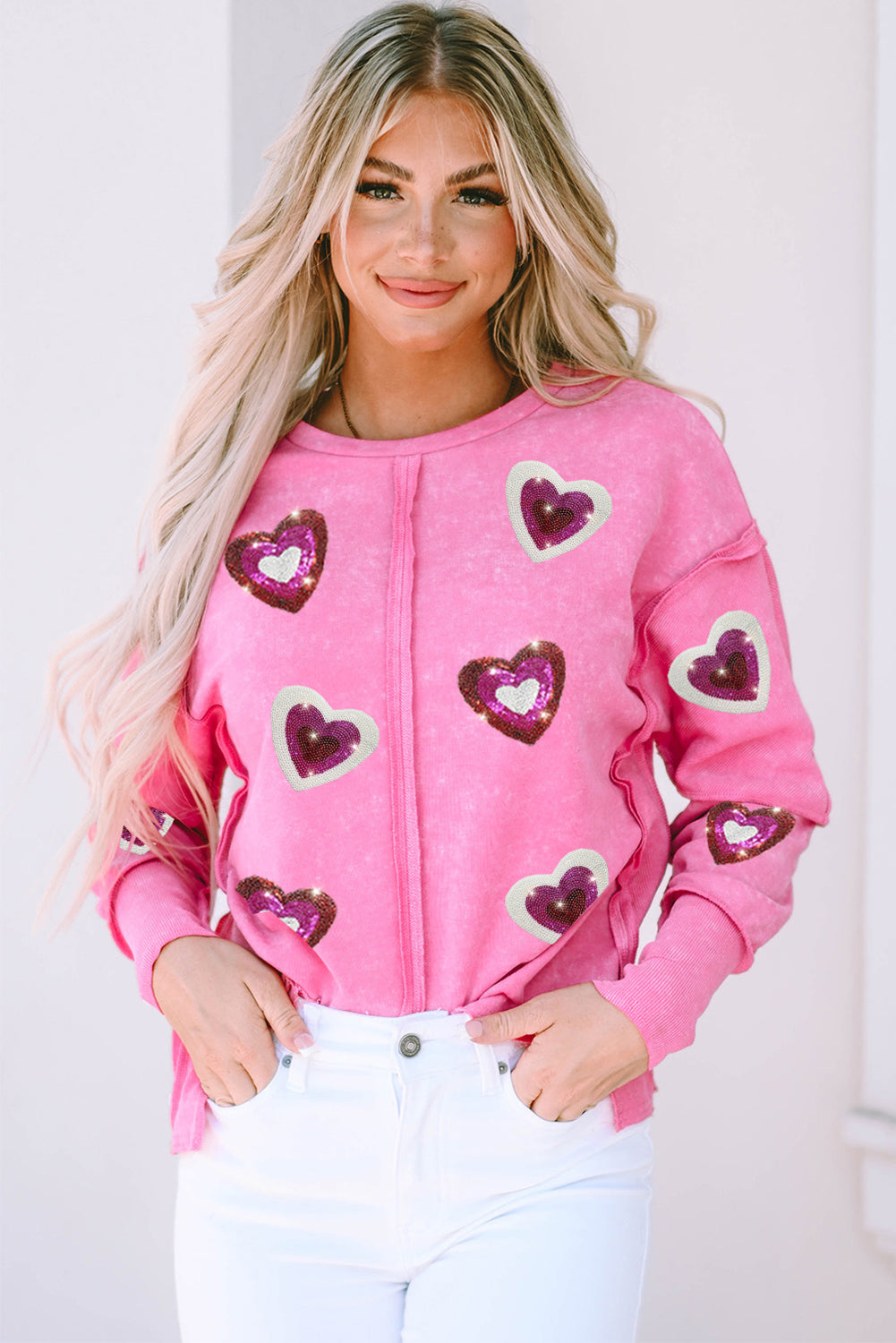 Rose Sequin Heart Shaped Exposed Seam Pullover Sweatshirt