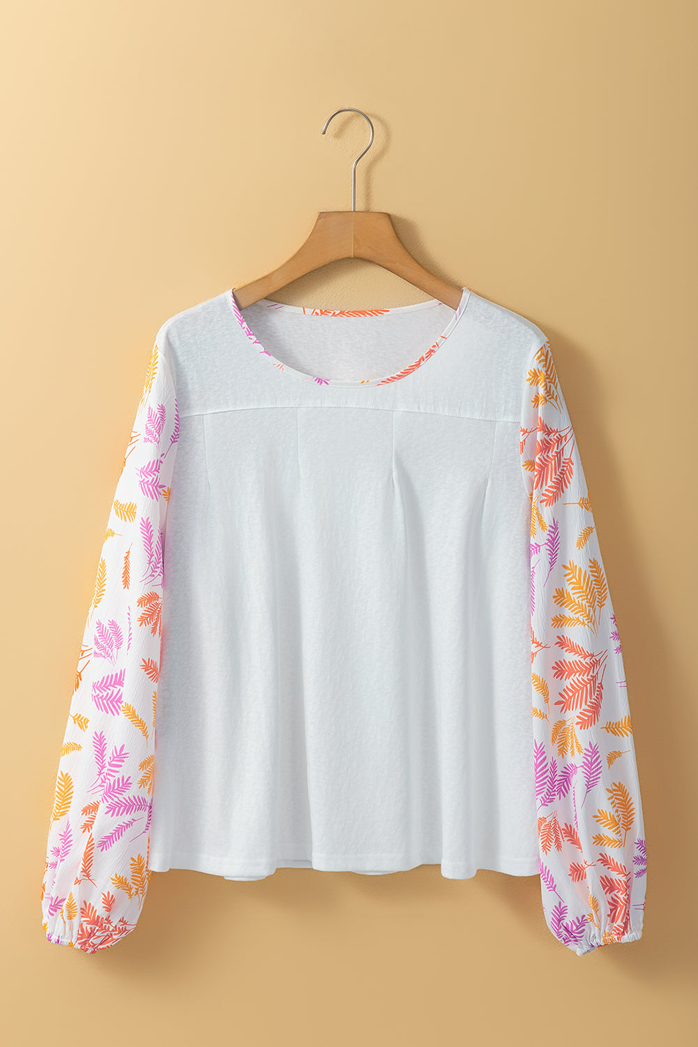 White Tropical Leaf Printed Patchwork Sleeve Round Neck Top