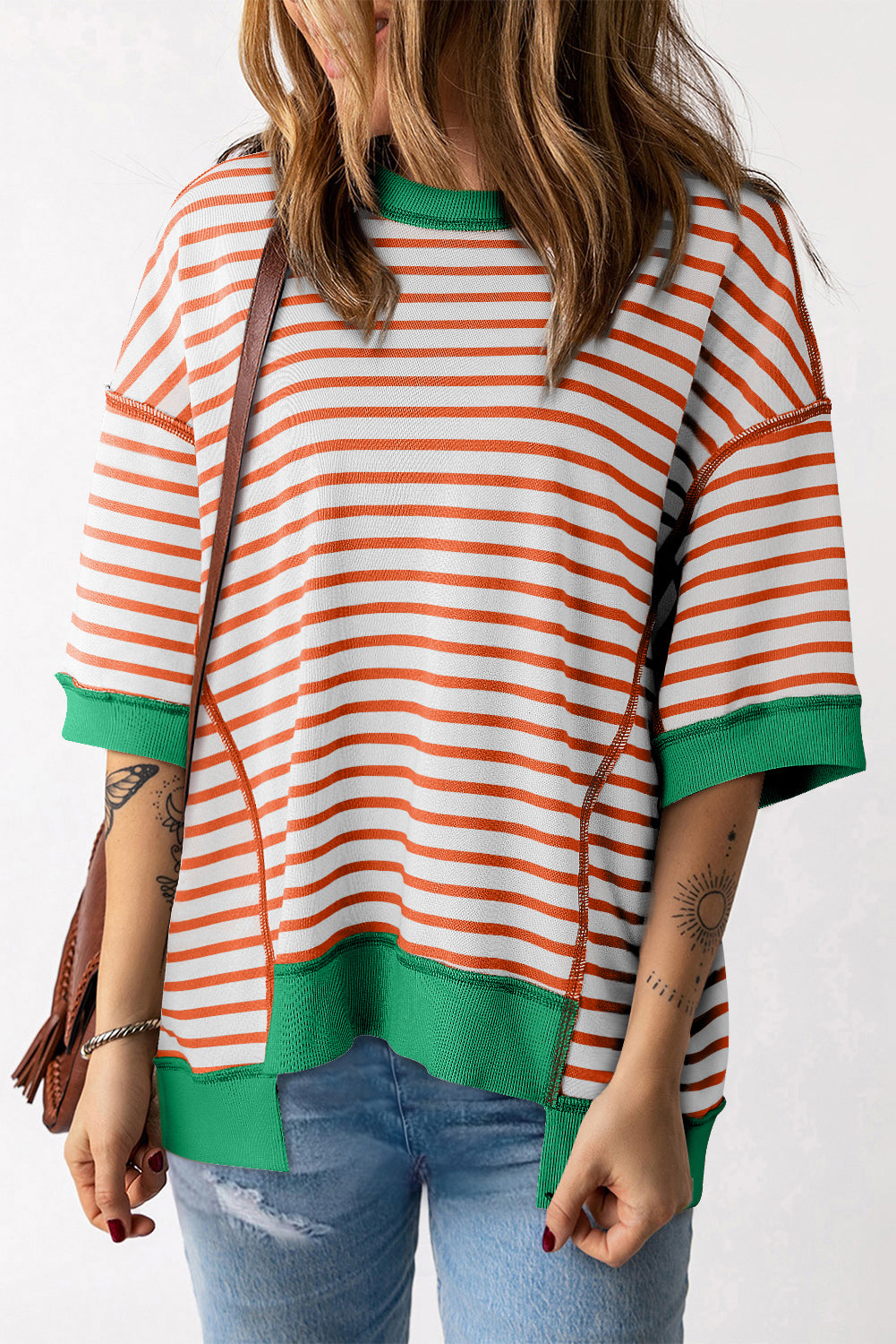 Sky Blue Stripe Oversized Contrast Trim Exposed Seam High Low T Shirt