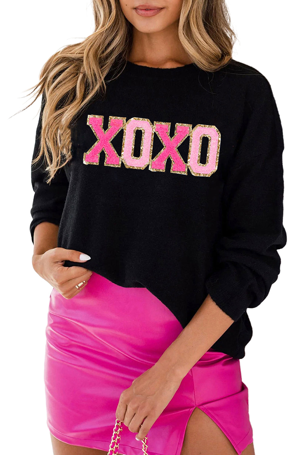 White XOXO Glitter Print Round Neck Casual Sweater