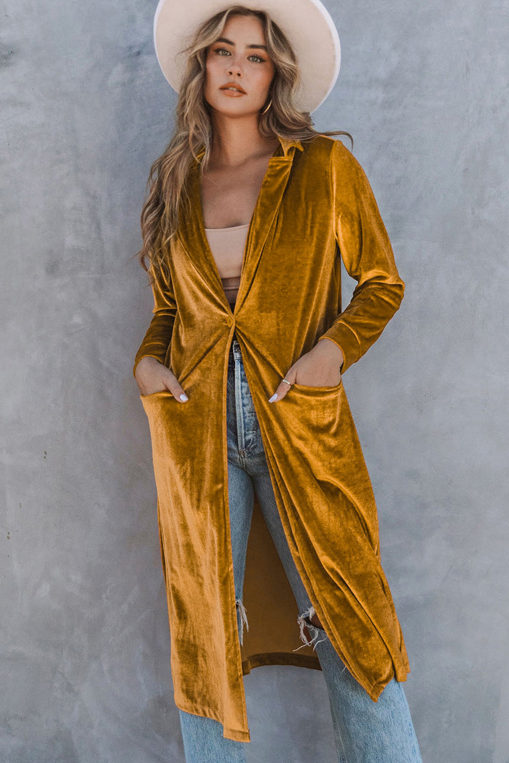 Yellow Retro Velvet Long Sleeve Pocket Coat