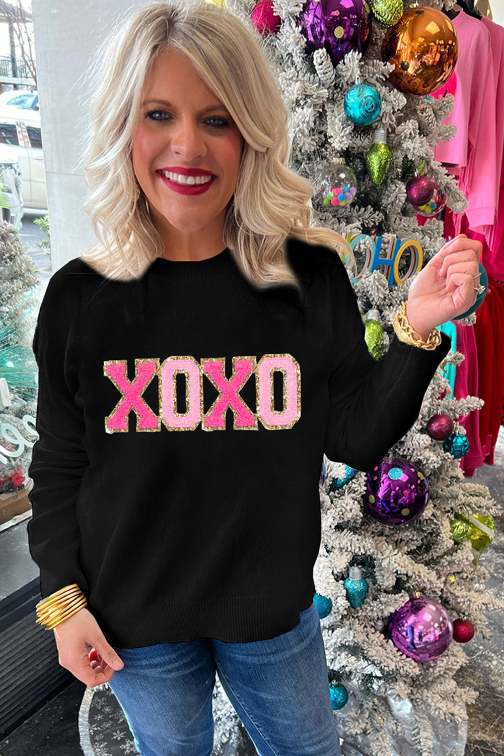 White XOXO Glitter Print Round Neck Casual Sweater