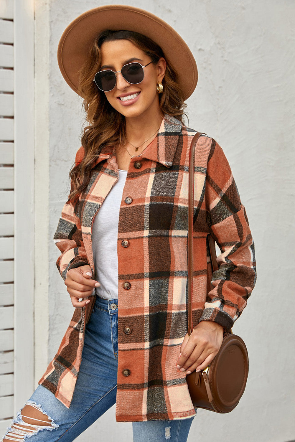 Rose Plaid Print Buttoned Shirt Jacket