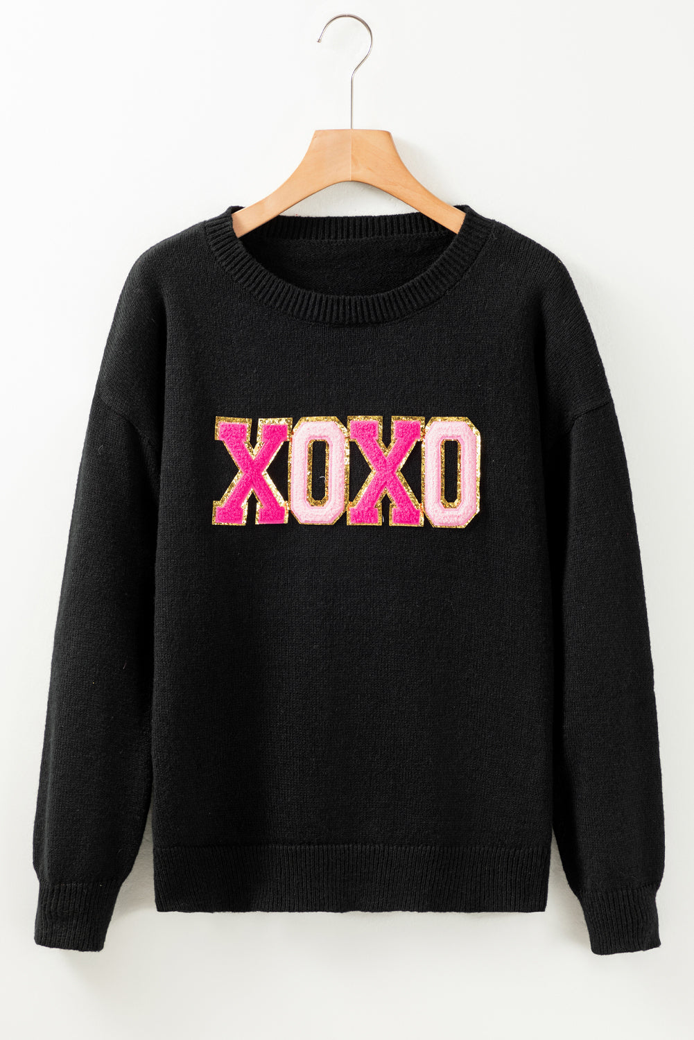 White XOXO Glitter Print Round Neck Casual Sweater