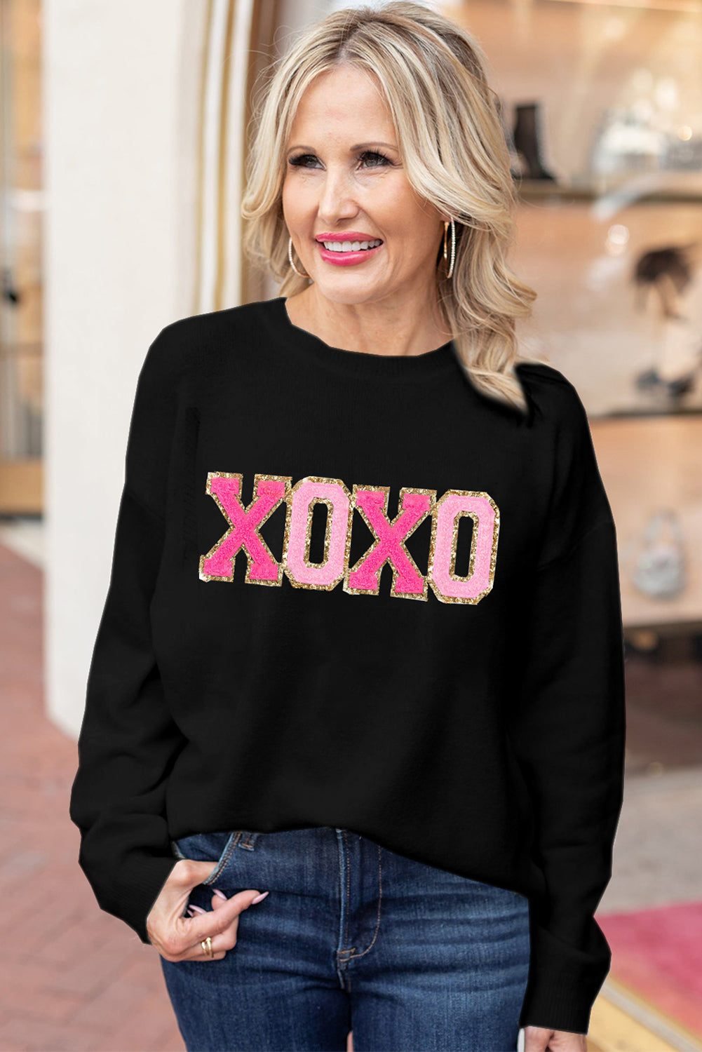 White XOXO Glitter Print Round Neck Casual Sweater