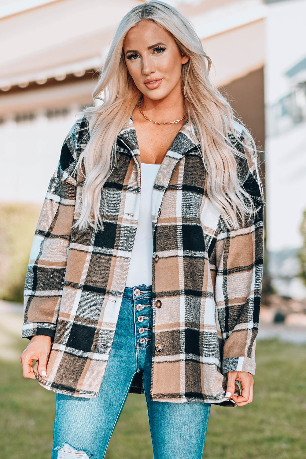 Rose Plaid Print Buttoned Shirt Jacket