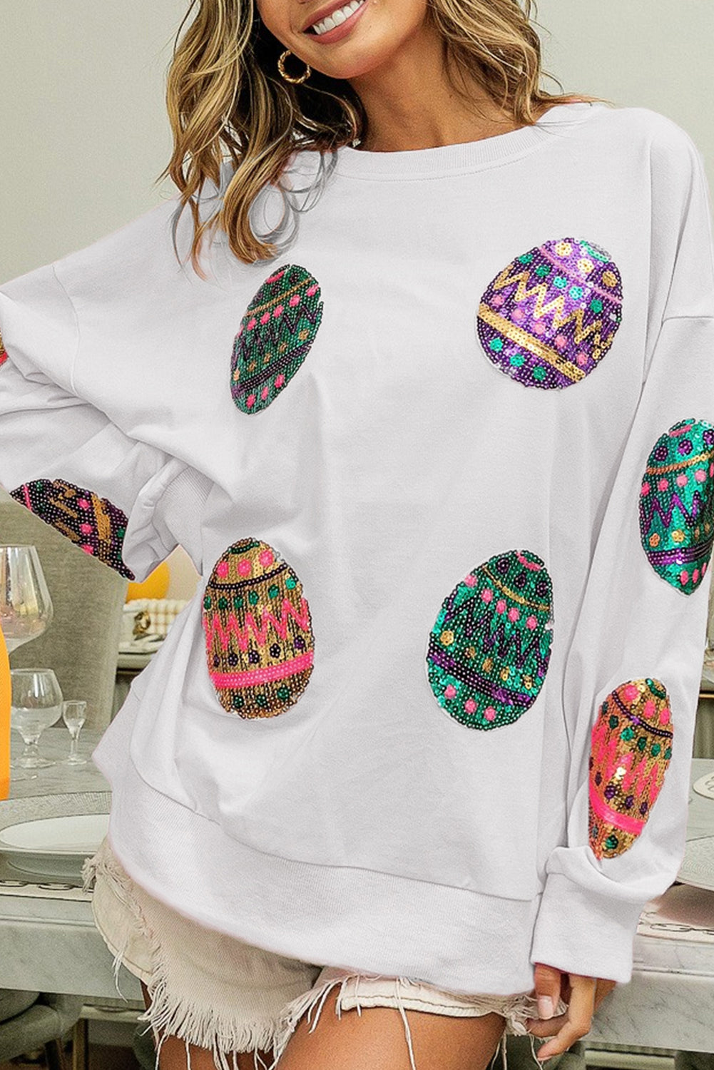 Pink Sequined Easter Egg Drop Shoulder Oversized Sweatshirt