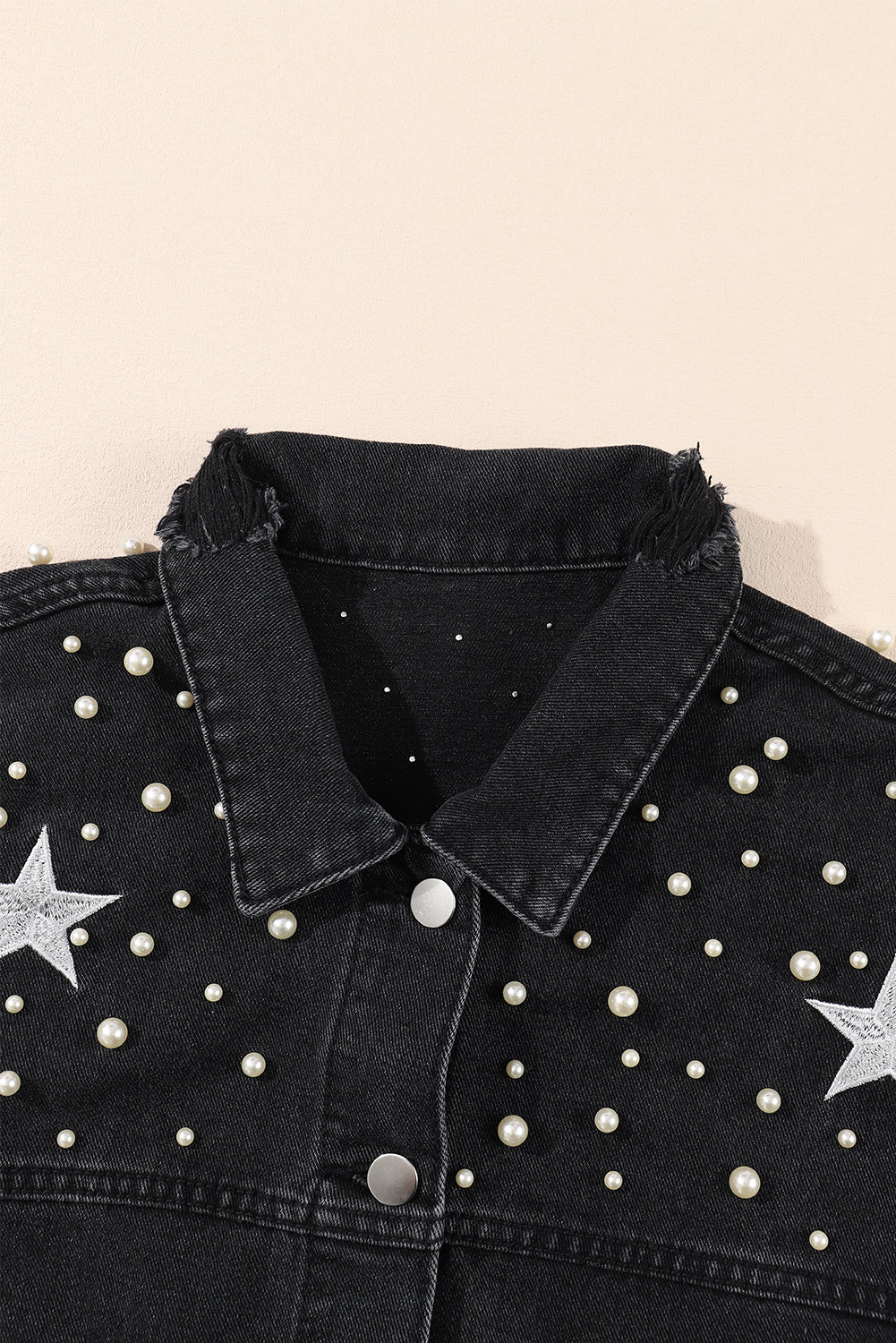 Sky Blue Distressed Pearls Star Cropped Denim Jacket