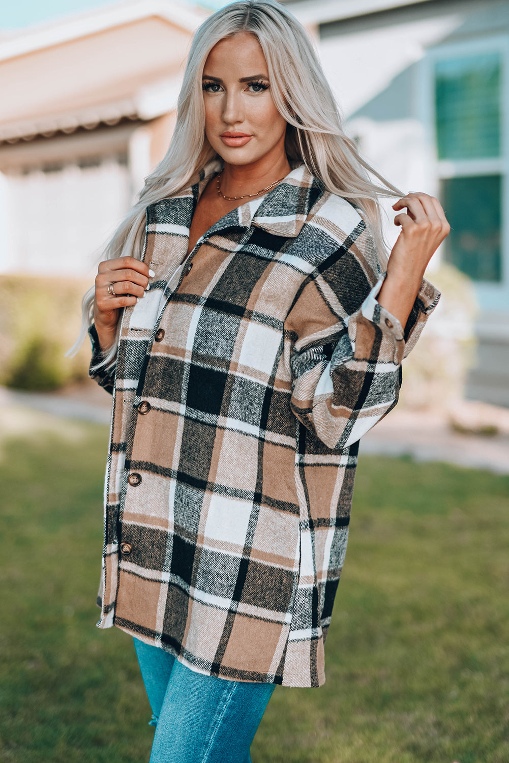 Rose Plaid Print Buttoned Shirt Jacket