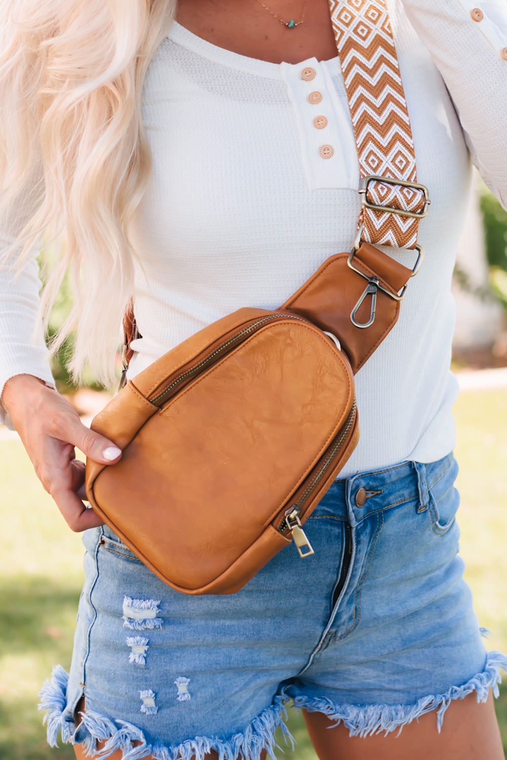 Gray Faux Leather Zipped Crossbody Chest Bag