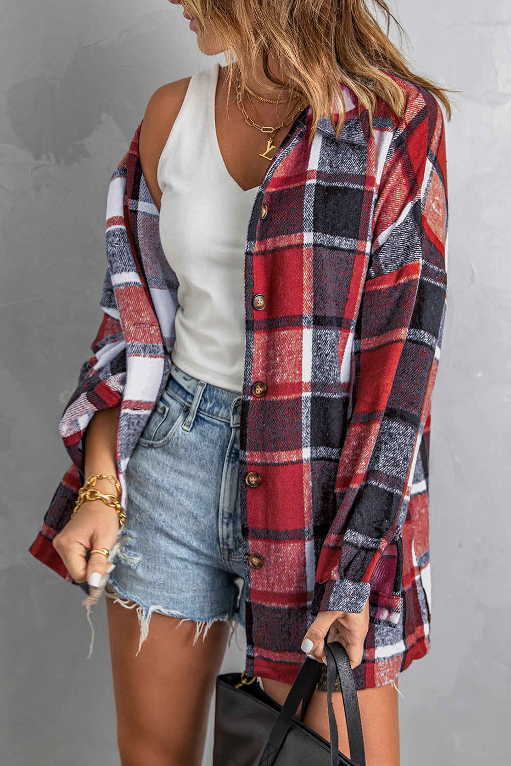 Rose Plaid Print Buttoned Shirt Jacket