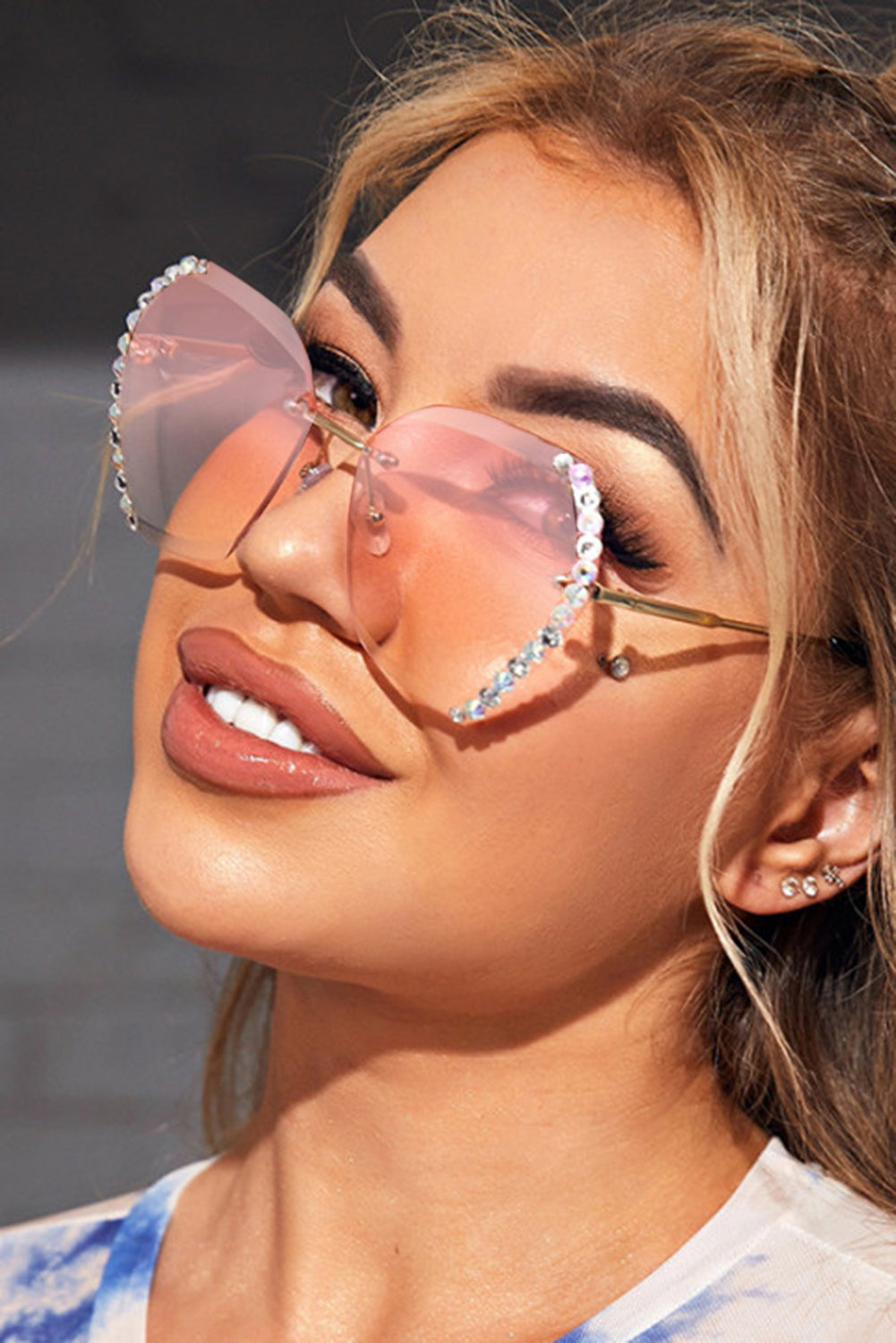 Brown Rhinestone Trim Rimless Sunglasses