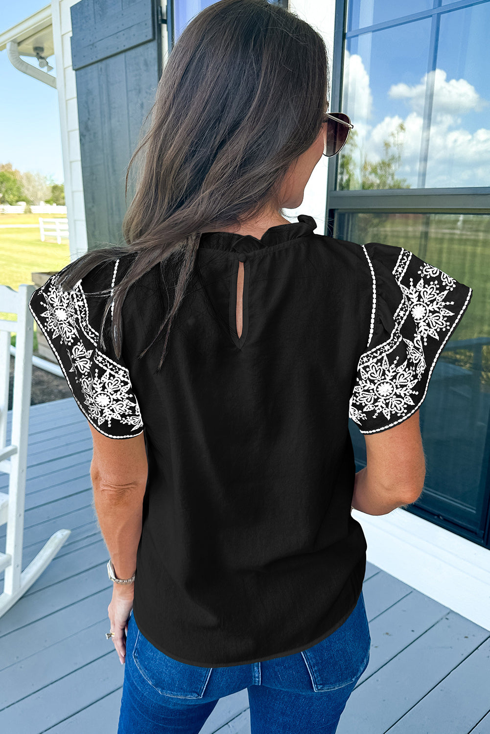 White Embroidered Ruffled Sleeve Frilled Collar Blouse