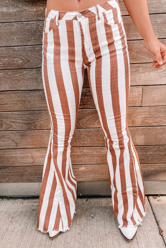 Brown Striped Fringe Bell Bottom Denim Pants