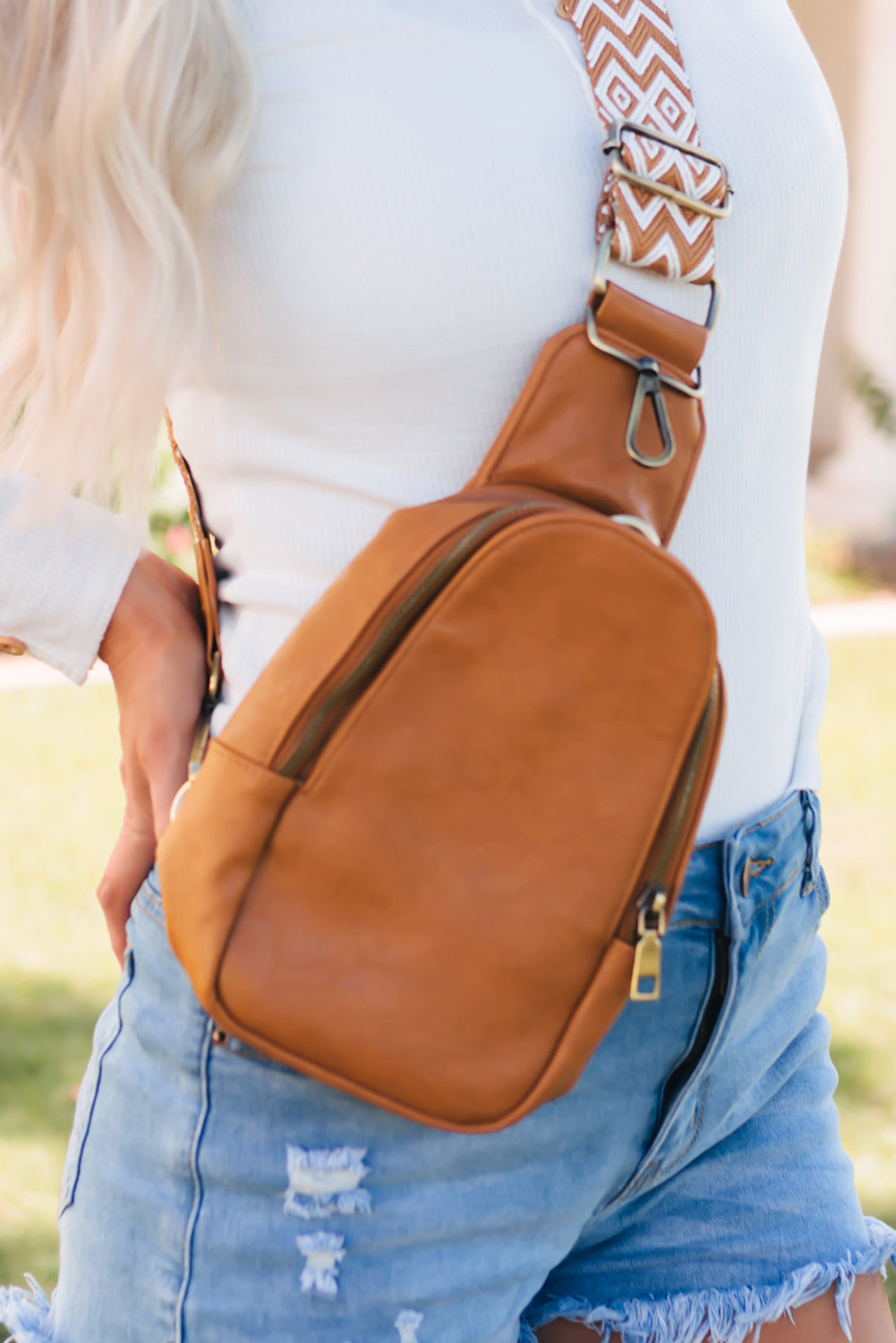 Gray Faux Leather Zipped Crossbody Chest Bag