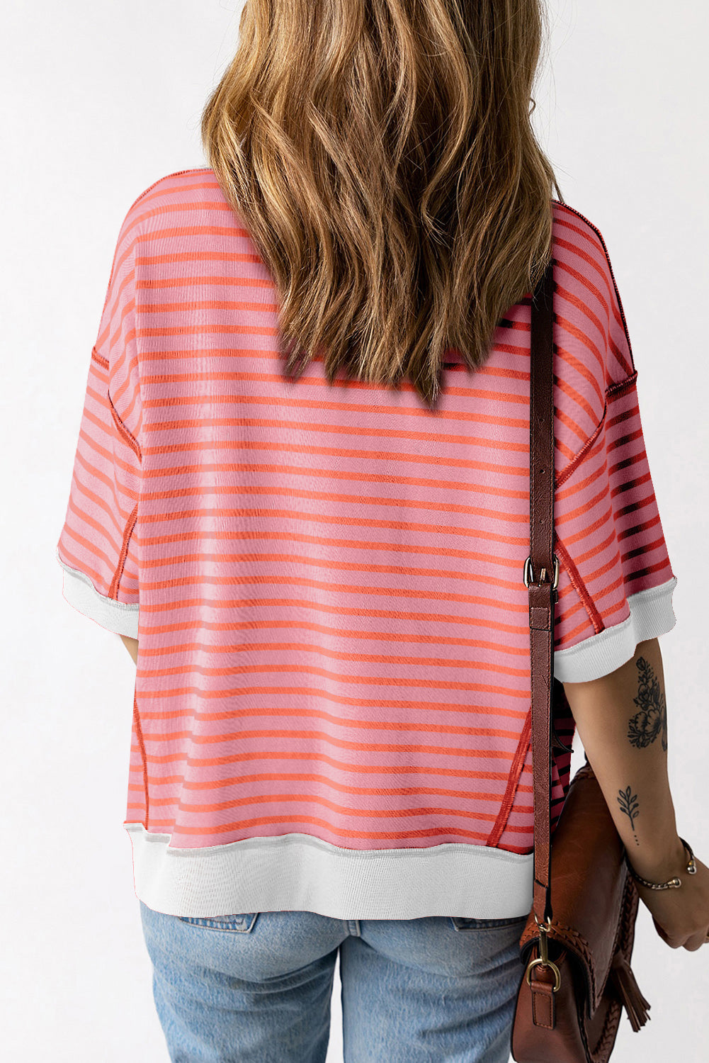 Sky Blue Stripe Oversized Contrast Trim Exposed Seam High Low T Shirt