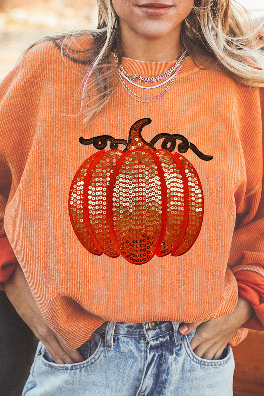 Orange Sequined Pumpkin Ribbed Round Neck Halloween Sweatshirt