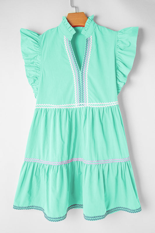 Mint Green Ric Rac Colorblock Flutter Sleeve V Neck Tiered Dress