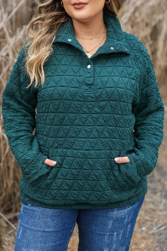 Blackish Green Plus Size Quarter Buttoned Pocketed Quilted Sweatshirt