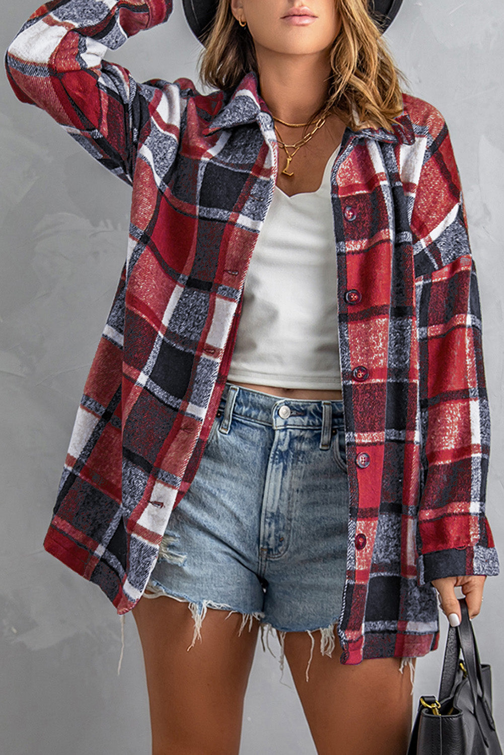 Rose Plaid Print Buttoned Shirt Jacket