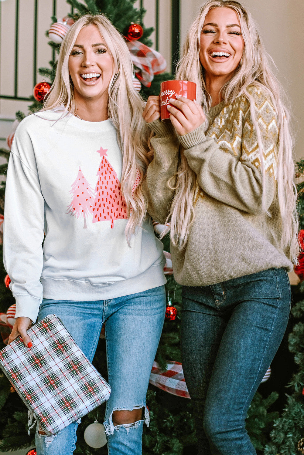 White Christmas Tree Dots Print Pullover Sweatshirt