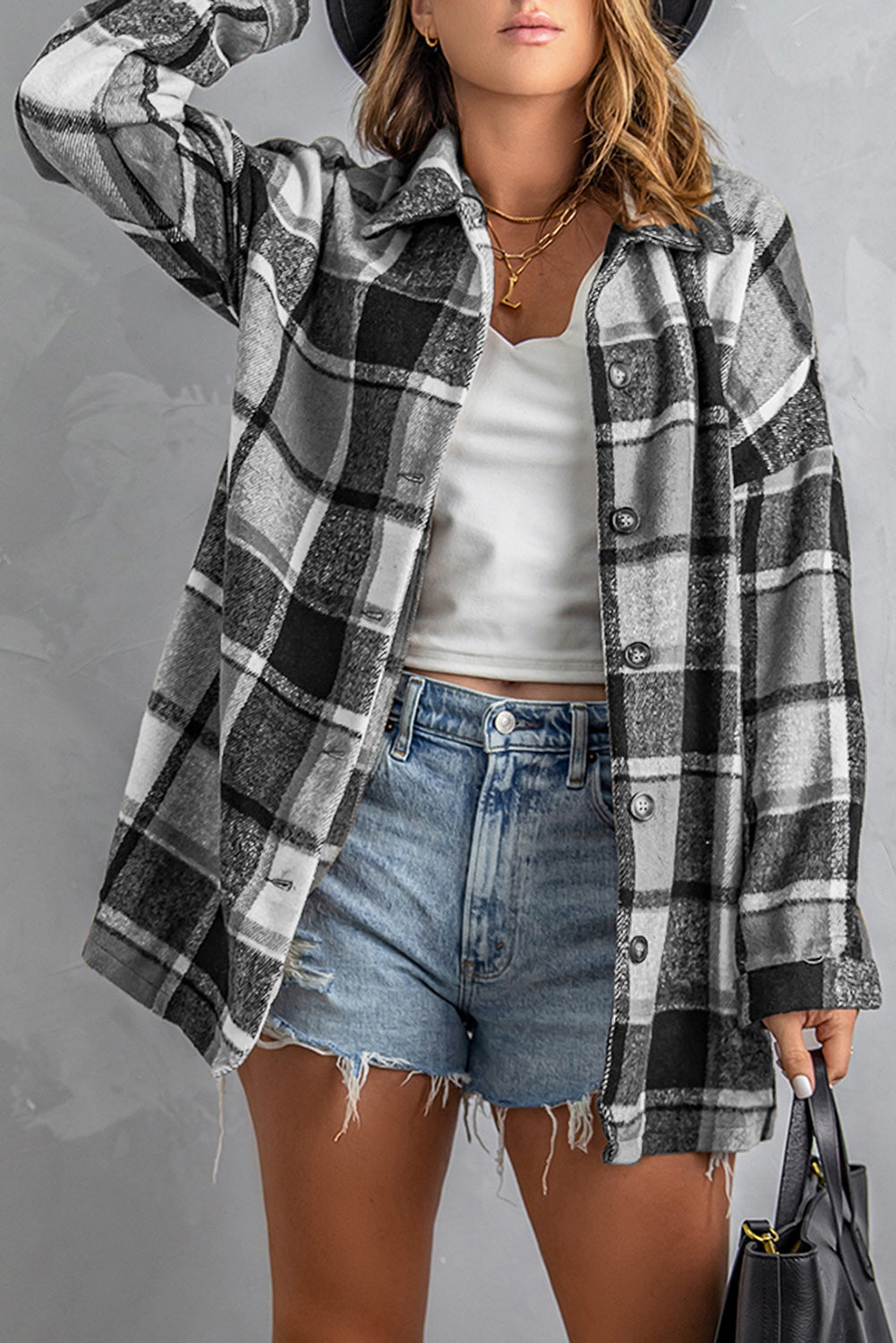 Rose Plaid Print Buttoned Shirt Jacket