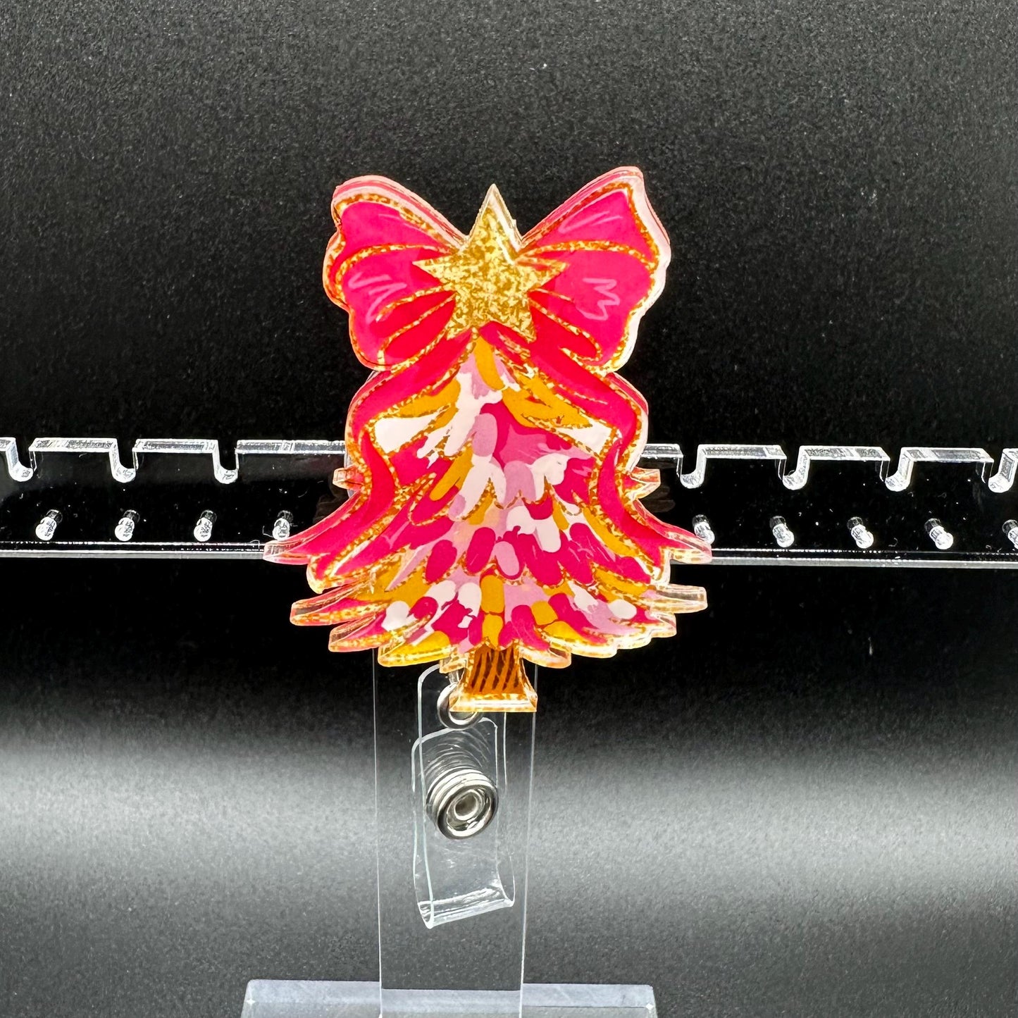 ID Holder/Badge Reel/Popsocket - Pink Christmas Tree w/ Bow