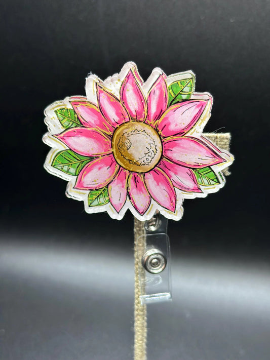 ID Holder/Badge Reel/Popsocket - Pink Sunflower