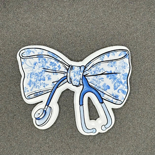 ID Holder/Badge Reel/Popsocket - Blue Floral Bow with Stethoscope