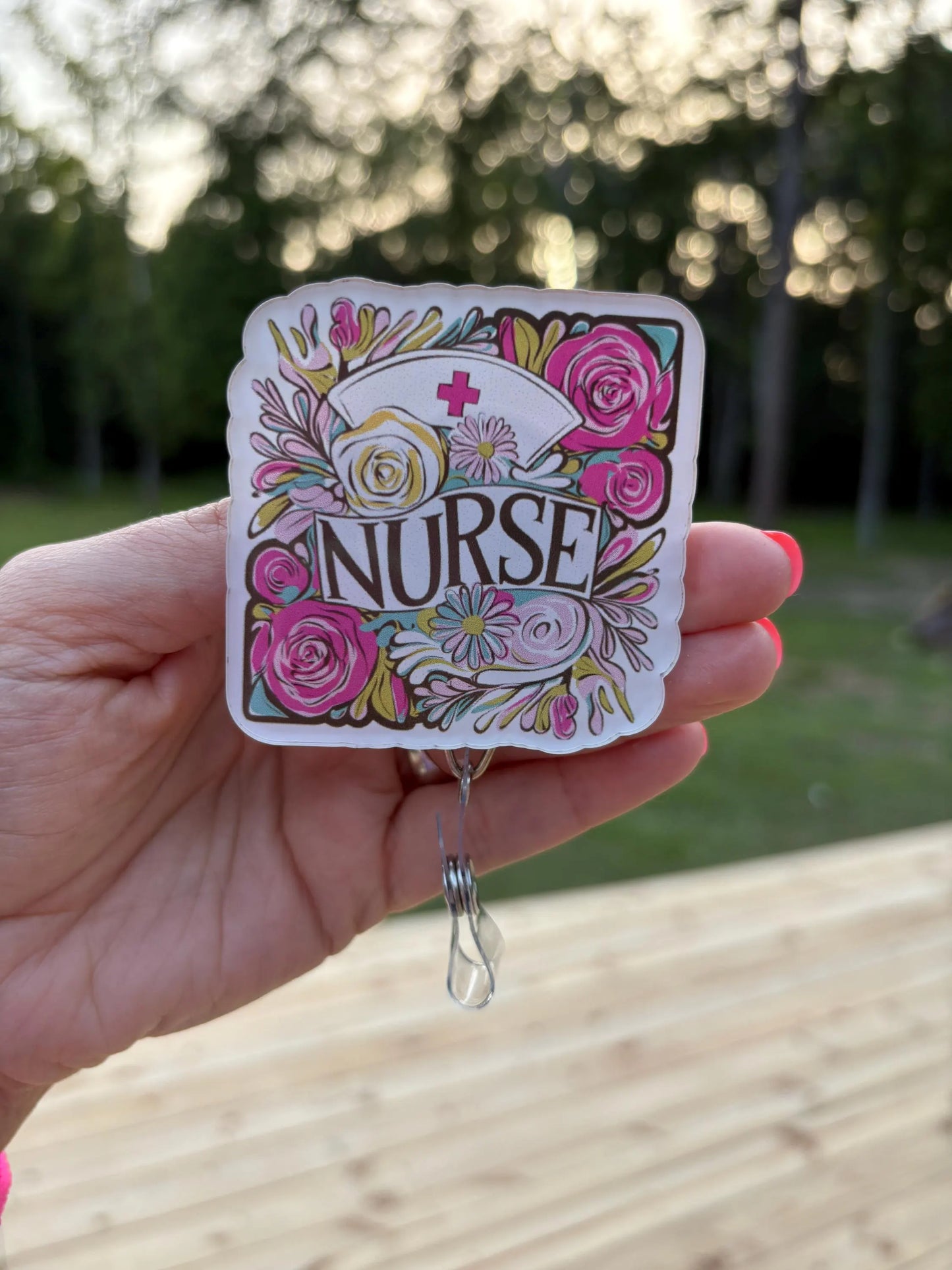 ID Holder/Badge Reel/Popsocket - Floral Nurse Hat