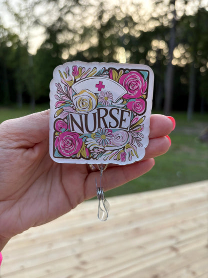 ID Holder/Badge Reel/Popsocket - Floral Nurse Hat