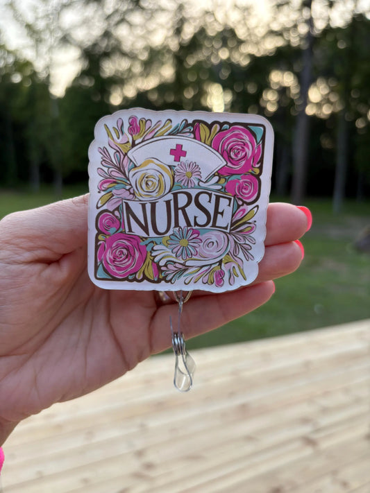 ID Holder/Badge Reel/Popsocket - Floral Nurse Hat