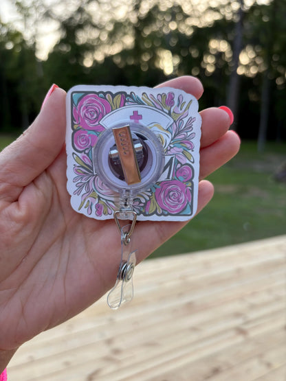 ID Holder/Badge Reel/Popsocket - Floral Nurse Hat