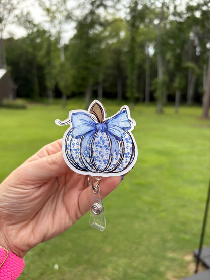 ID Holder/Badge Reel/Popsocket - Blue Floral Pumpkin