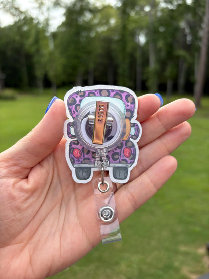 ID Holder/Badge Reel/Popsocket - Purple Leopard Halloween Truck